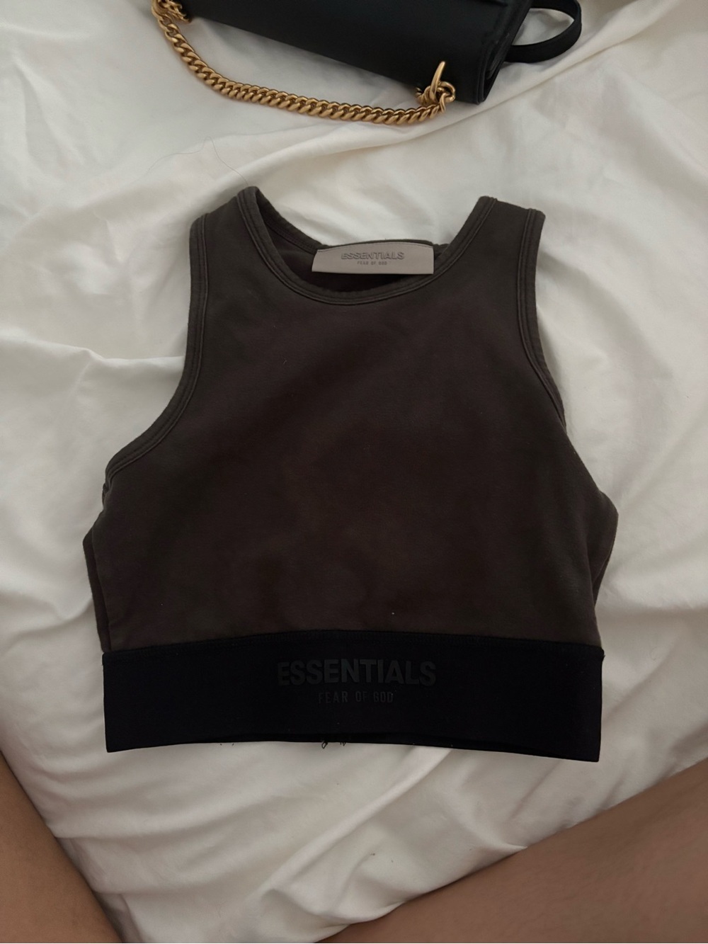 ESSENTIALS Fear of God Sleeveless Crop Tank Top — Dark Brown with Black Band